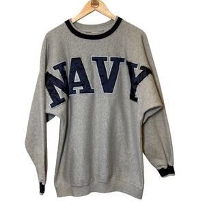 VTG US Navy Sweatshirt Oversized Twill Embroidered Gear For Sports Gray Unisex L